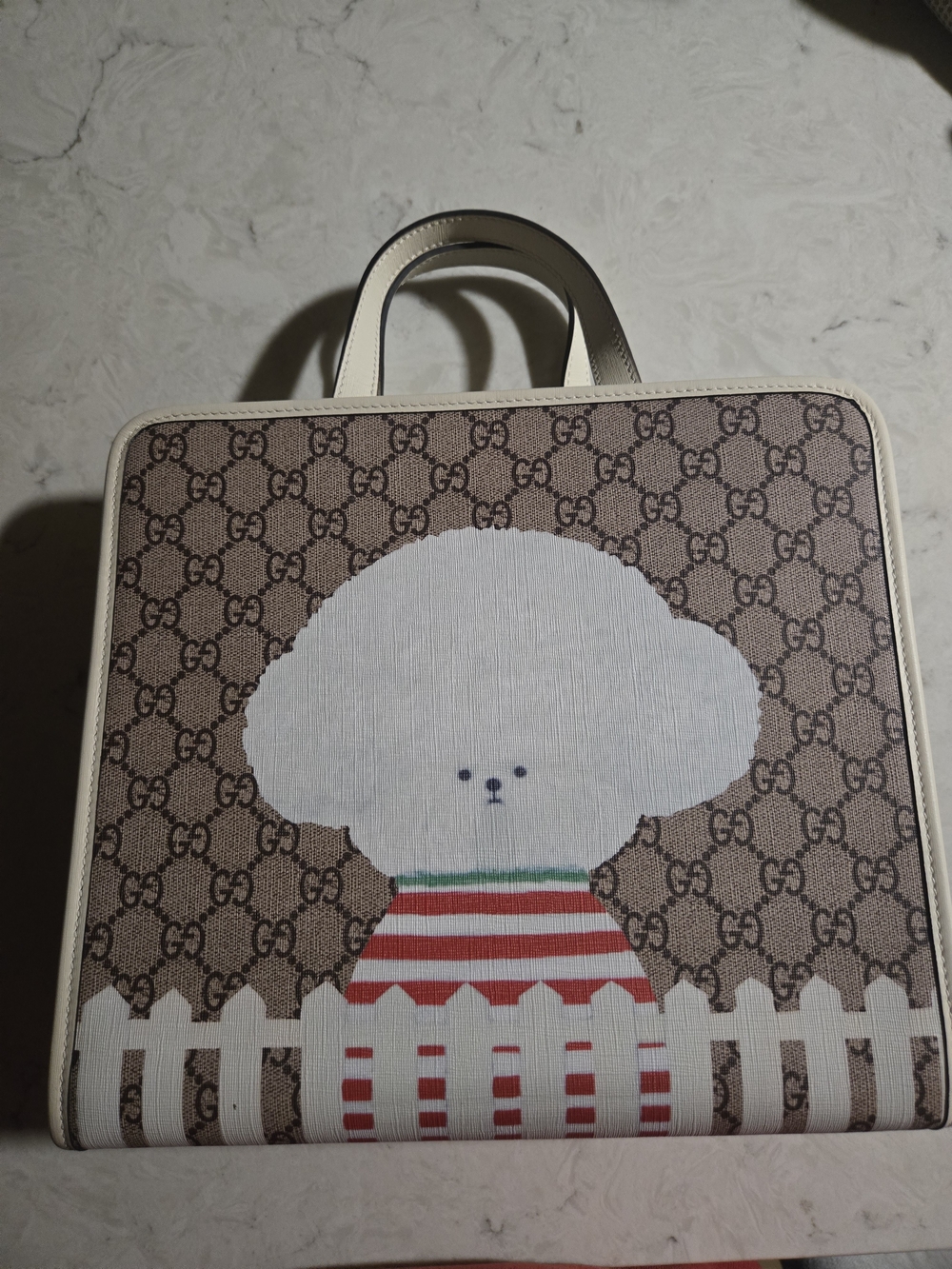 Gucci Kids Beige GG Canvas Tote with White Bichon Motif